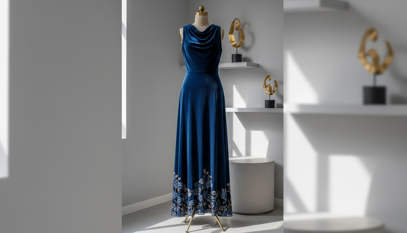 An exquisite midnight-blue velvet evening gown draped on a slender, minimalist stand, its fabric catching delicate highlights and subtle gradients across the luxurious texture. The dress is elegantly detailed with intricate tonal embroidery along the hem and soft, flowing lines that evoke sophistication. This display is set within a serene, modern boutique corner, featuring a softly muted color palette—pale gray walls, a smooth matte stone pedestal, and minimalist gold accents nearby. Gentle, diffused natural light filters in from an unseen window, creating refined shadows and a restful, inviting ambiance. Photographed from an eye-level angle with a shallow depth of field, the composition is centered and balanced, exuding understated elegance and high-end fashion sensibility. The overall mood is tranquil, refined, and exclusive—perfect for elevating the luxury aesthetic of an online women’s fashion store.
