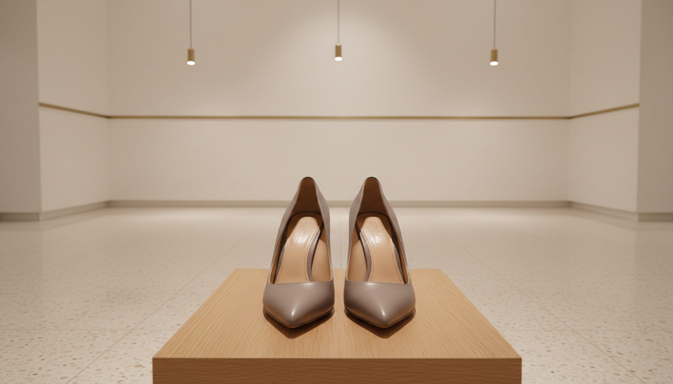 A pair of refined, pointed-toe stiletto heels in matte dove-gray Italian leather, displayed atop a low, matte oak display plinth in a sparse, modern showroom. Carefully arranged with perfect symmetry, the shoes’ clean lines and fine stitching are emphasized, and subtle gradients in the muted palette reveal exquisite attention to detail. Soft, warm pendant lighting from above creates gentle highlights along the upper curve of the shoes while casting elegant, minimal shadows on the pale terrazzo flooring. The background features only smooth white walls and a hint of muted gold trim. Photographed from a slightly elevated angle, the scene radiates sophistication and effortless luxury, enhancing the store's exclusive, refined personality.