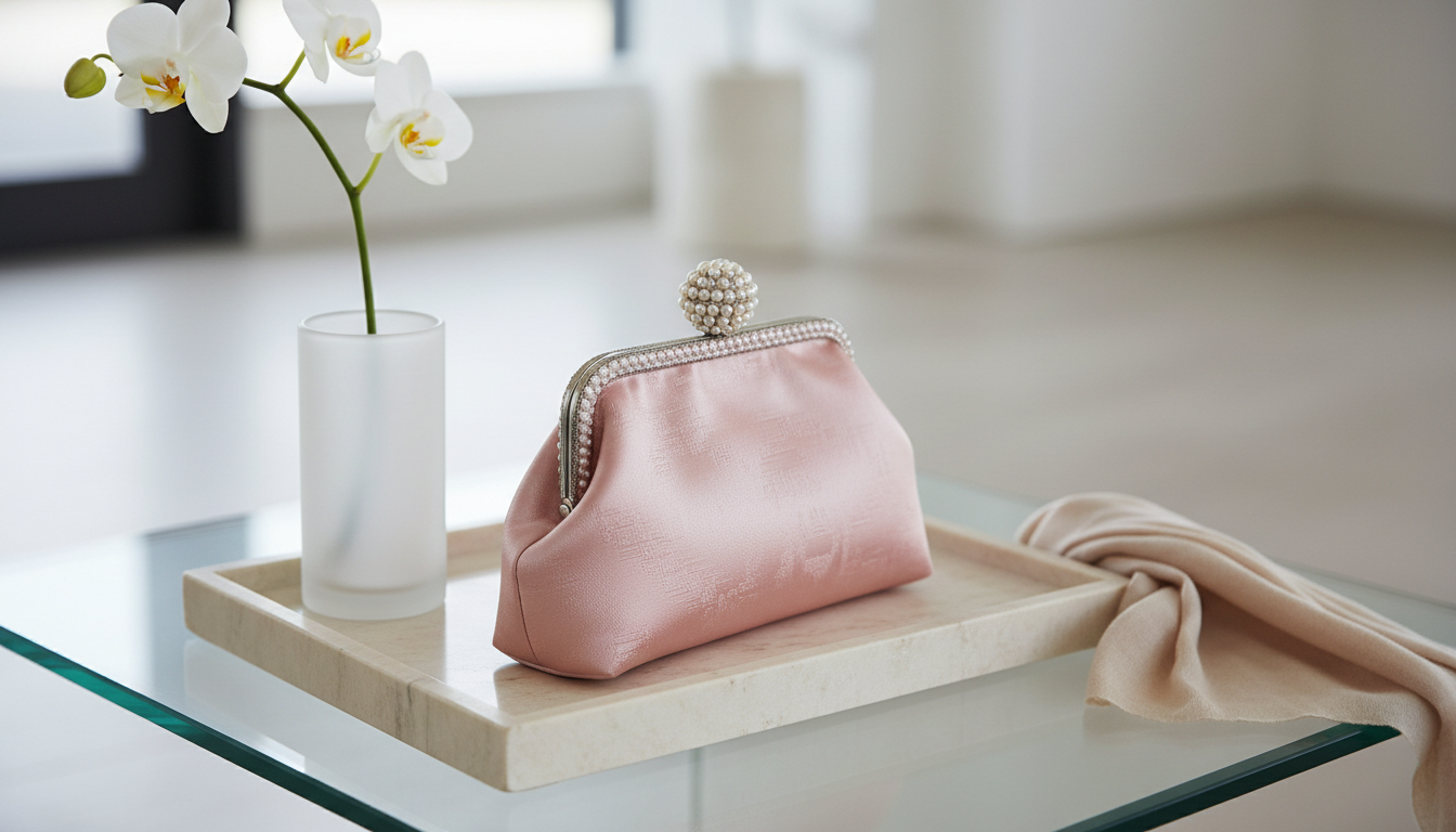 A close-up shot of a meticulously crafted blush-pink silk clutch bag with a delicate pearl-encrusted clasp. The satiny surface displays subtle shimmer and intricate textural details, beautifully reflecting light in soft, muted tones. The clutch rests gracefully atop a creamy ivory marble tray, which sits on a minimalist glass console table. Surrounding elements are understated: a single elegant orchid stem in a frosted glass vase and a folded cashmere scarf nearby. Bright but diffused overcast light floods the scene, highlighting the gentle curves and elegant craftsmanship of the bag. Captured at a slight angle for dynamic composition, this photographic image maintains sharp focus, minimalist surroundings, and refined, sophisticated charm ideal for showcasing luxury women’s accessories.